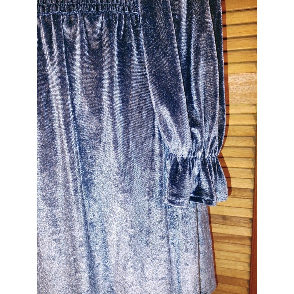 Velvet Milkmaid Smocked Square Neck Peasant Puff Sleeve Mini‎ Dress - Blue XL - Picture 8 of 11
